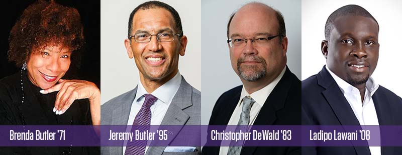 2023 Alumni Achievement Award Recipients: Brenda Bulter '71, Jeremy Butler '95, Christopher DeWald '83, and Ladipo Lawani '08