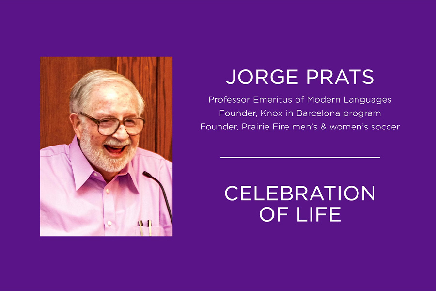 Photo of Jorge Prats with the text "Jorge Prats Professor Emeritus of Modern Languages, Founder, Knox in Barcelona program, Founder, Prairie Fire men's and women's soccer" Celebration Of Life" on a purple background