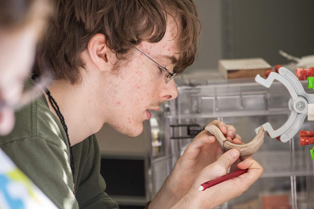 Knox student studies pottery in an archeology class.