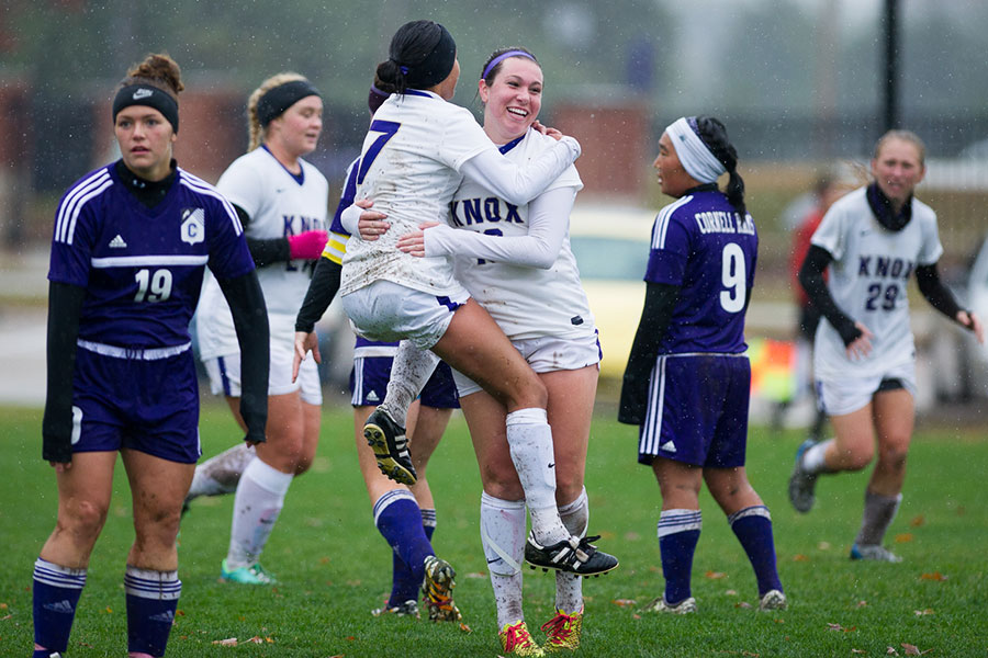 Knox women's soccer players celebrate during a 6-0 defeat of Cornell College on Saturday, October 31, 2015.