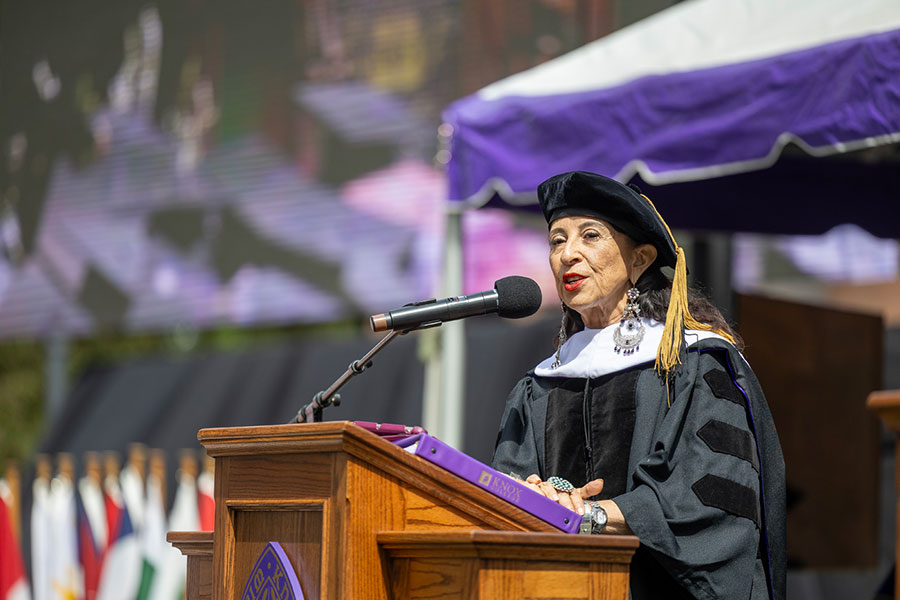 Maria Hinojosa giving the 2024 Commencement speech.