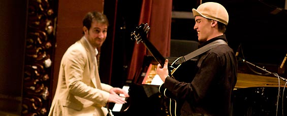 Headliner Aaron Goldberg and Knox student Cory Heppner at the Knox-Rootabaga Jazz Festival 2009