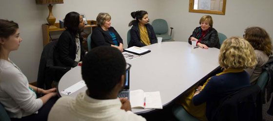 Margery Kraus '67 meets with students