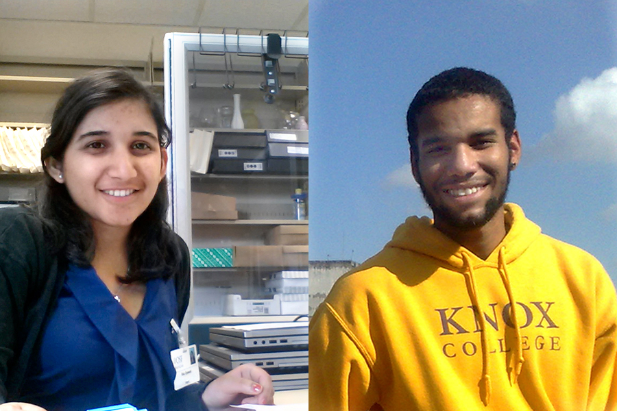 Knox College Gilman Scholarship recipients Ritu Gyawali in her office during an internship, Michael Cooke in São Paolo, Brazil.