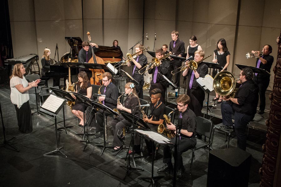 The Knox College Jazz Ensemble performs in Galesburg's Orpheum Theatre during the Knox-Rootabaga Jazz Festival.