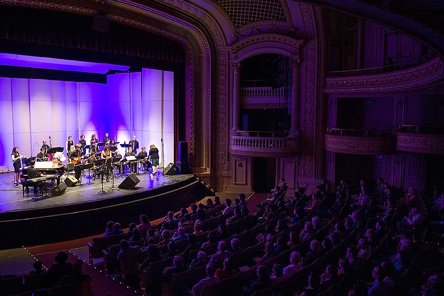 The Knox Jazz Ensemble performs in the Orpheum Theatre in Galesburg.