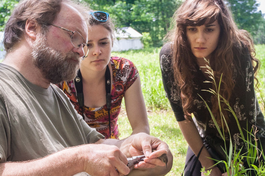 Professor James Mountjoy and students in his Ornithology course conduct a bird banding lab at the Green Oaks Biological Field Station.