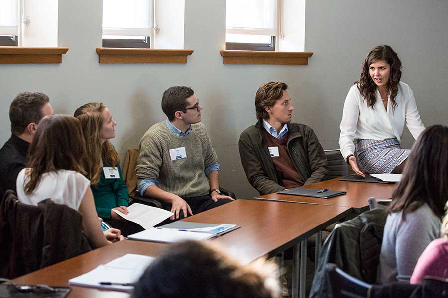 Emily Putnam '10 discusses a workplace scenario with Knox students at the third annual Career Impact Summit.