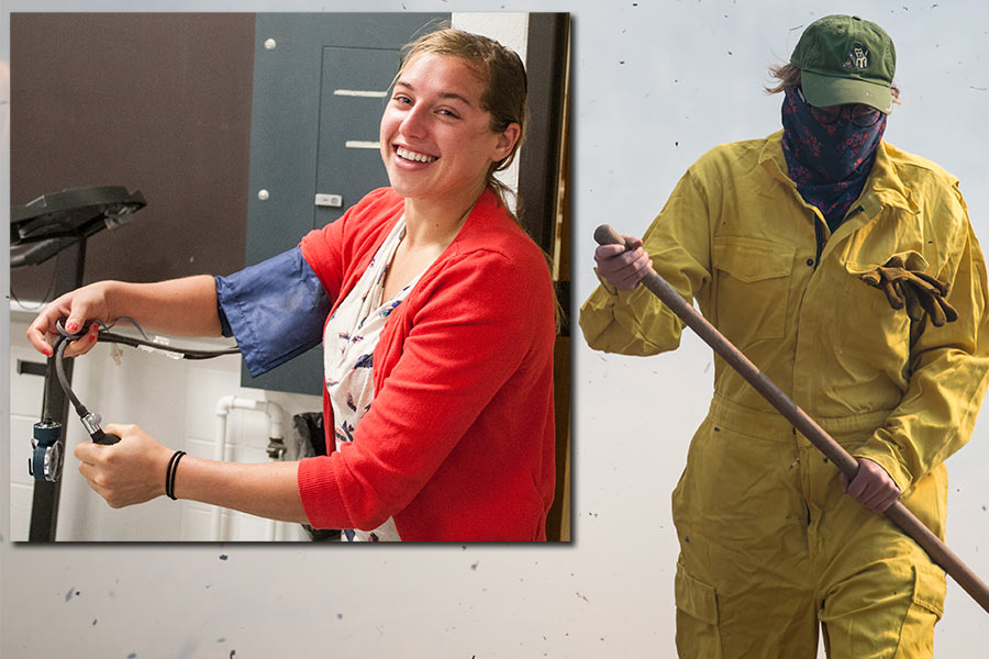 Knox College student in biology lab and at 2016 Green Oaks Prairie Burn