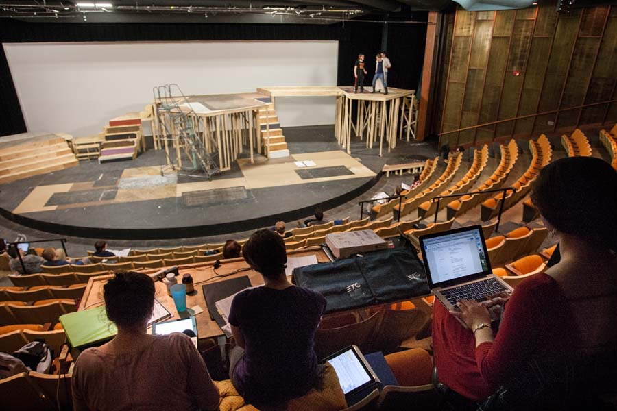 Knox College students rehearse a scene for Repertory Theatre Term 2016.