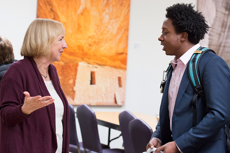 Cindy Wilson talks to students at the event Lunch with a Lawyer.