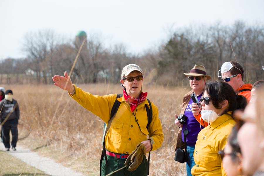 Professor Stuart Allison outlines procedure for the annual Prairie Burn at Green Oaks Biological Field Station.