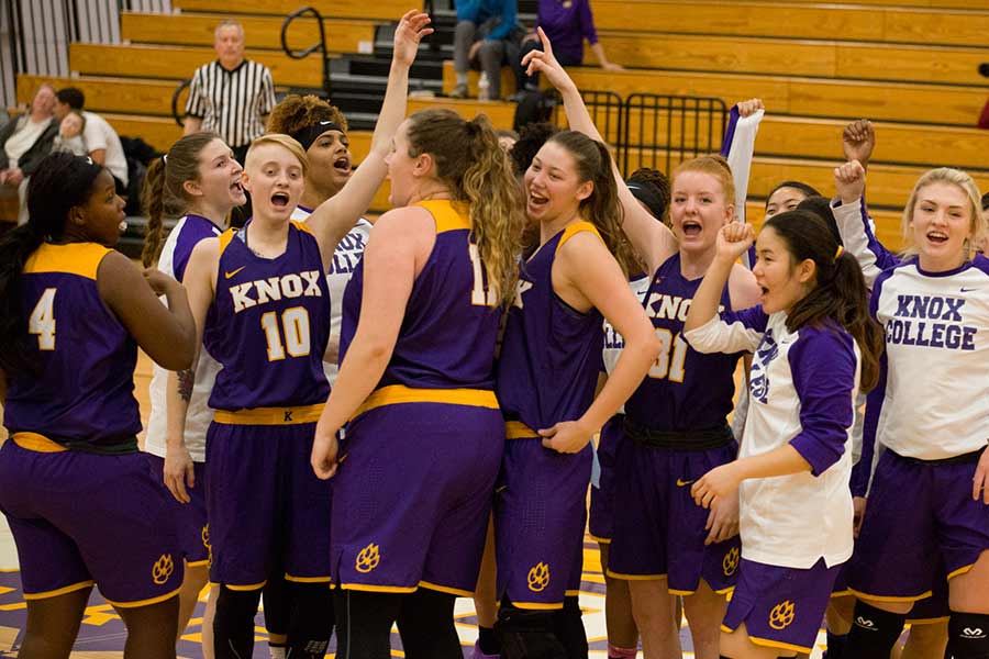 Prairie Fire women's basketball celebrates a win earlier this season.