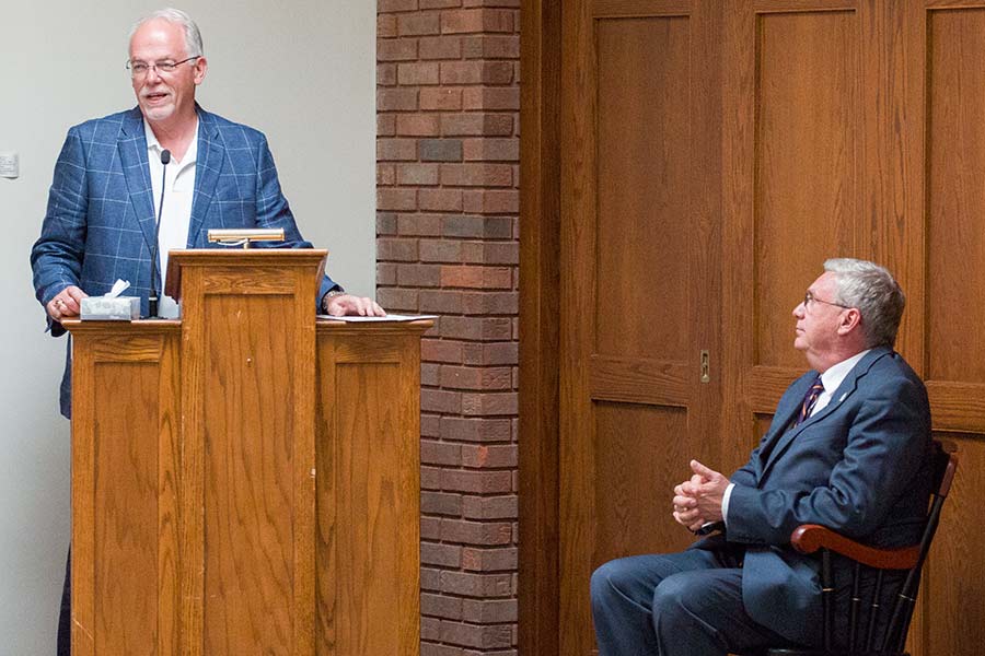 Joel Estes speaks at retirement party for Bary Swanson at Knox College