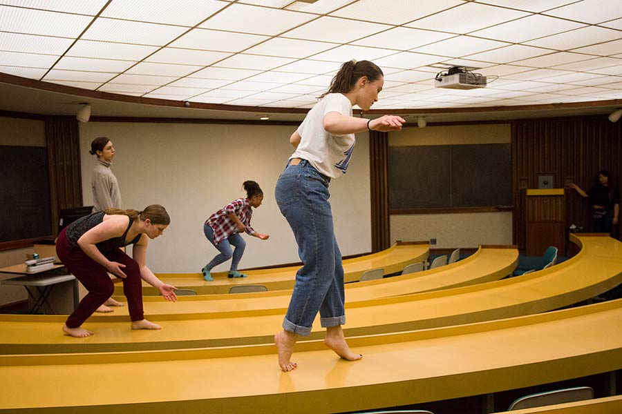 Students join dancers from Synapse Arts performance group from Chicago, rehearsing a site-specific dance work performed in various locations in CFA.