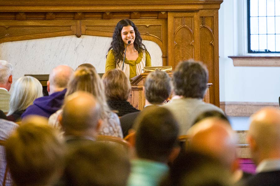 Sofia Tagkaloglou addresses an audience at Knox College.