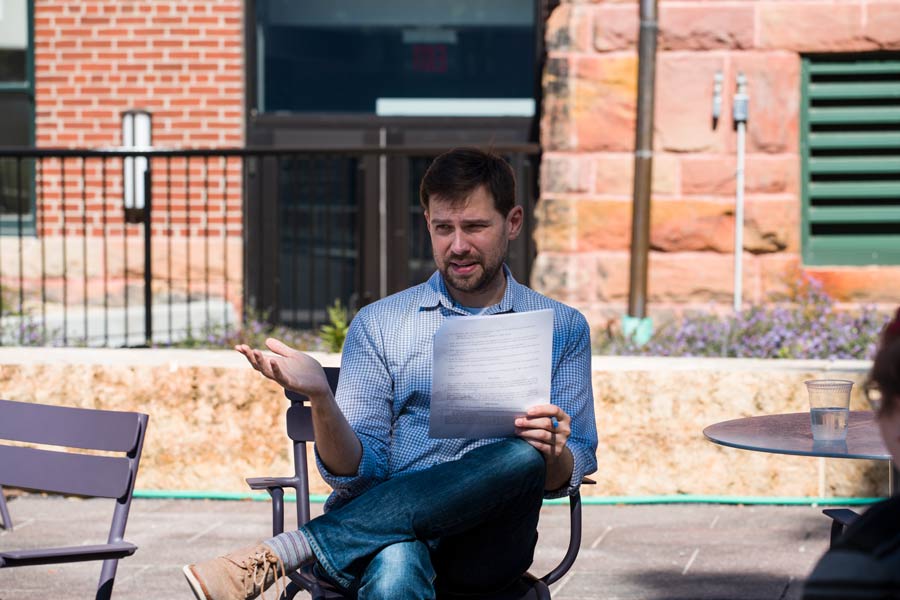 Professor Brandon Polite teaches class outdoors