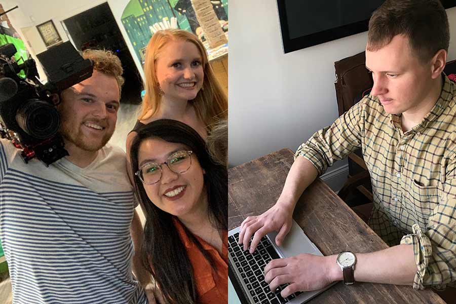 A composite photo featuring two Knox alumni journalists: Casey Mendoza, wearing eyeglasses, with colleagues before the pandemic; and Matt McKinney works from home during the pandemic.