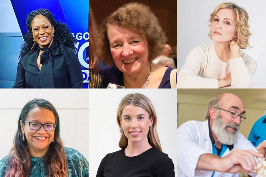 2021 Alumni Achievement Award recipients, clockwise from top left: Regine Rousseau, Virginia Steen, Amy Carlson, Otto "Casey" Jones, Leah Heister Burton, and Melati Nungsari.