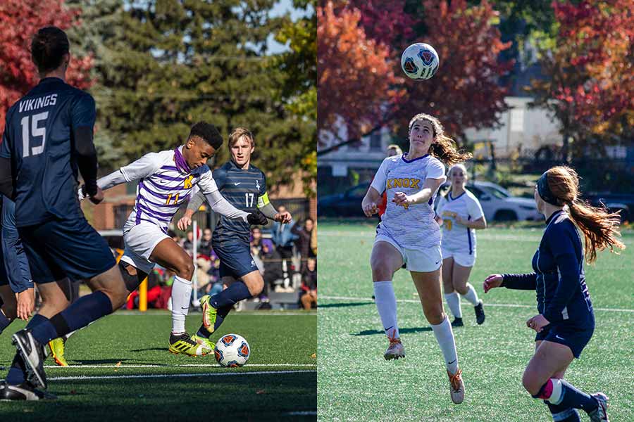 Composite image of a men's soccer player dribbling and a women's soccer player controlling the soccer ball with her head