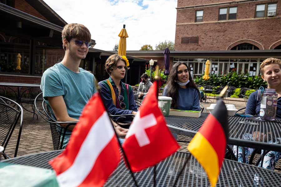 Students meeting on Gizmo Patio for German Club.