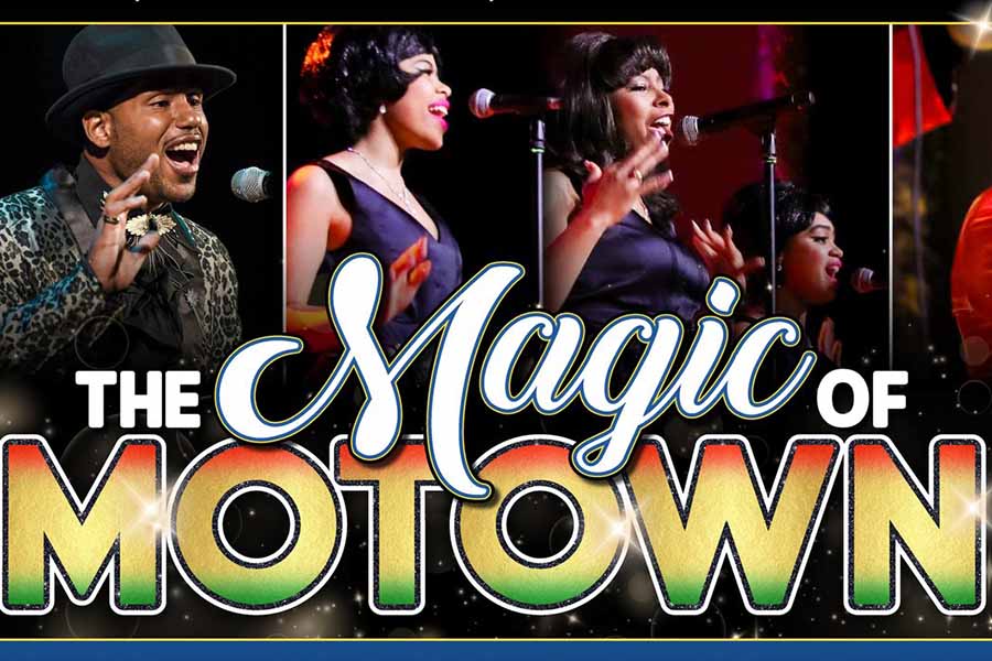 The Magic of Motown poster with three singers in the background. 