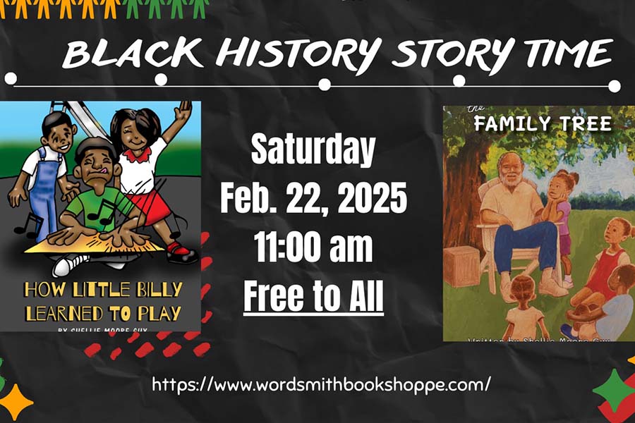 Promotional poster for Black History Month Story Time. There are two covers of the author's books on the poster, with the time and date of the event. 