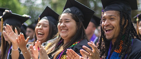 Graduates celebrating and clapping at the 2024 Knox College Commencement.