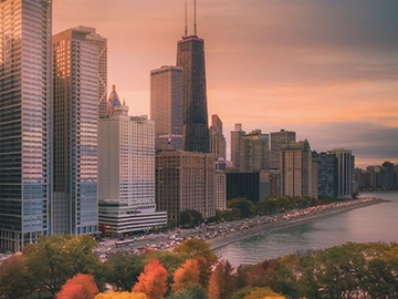 The Chicago skyline at sunset