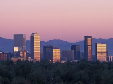 Denver skyline with the Rocky Mountains in the background