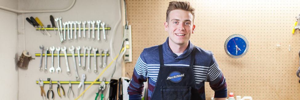 Student mechanic in the campus bike shop.