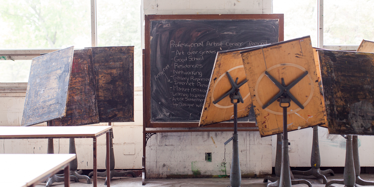 Easels in the painting studio. 