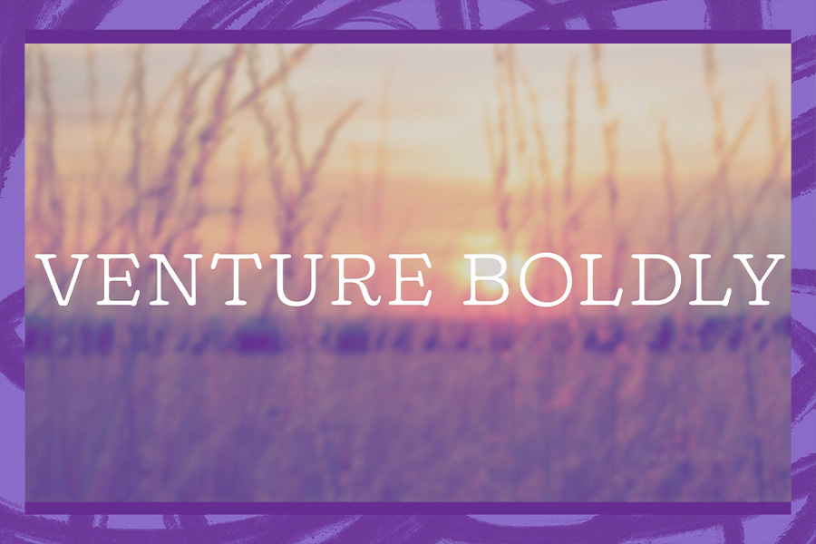 sun rising in an open field with text "VENTURE BOLDLY"