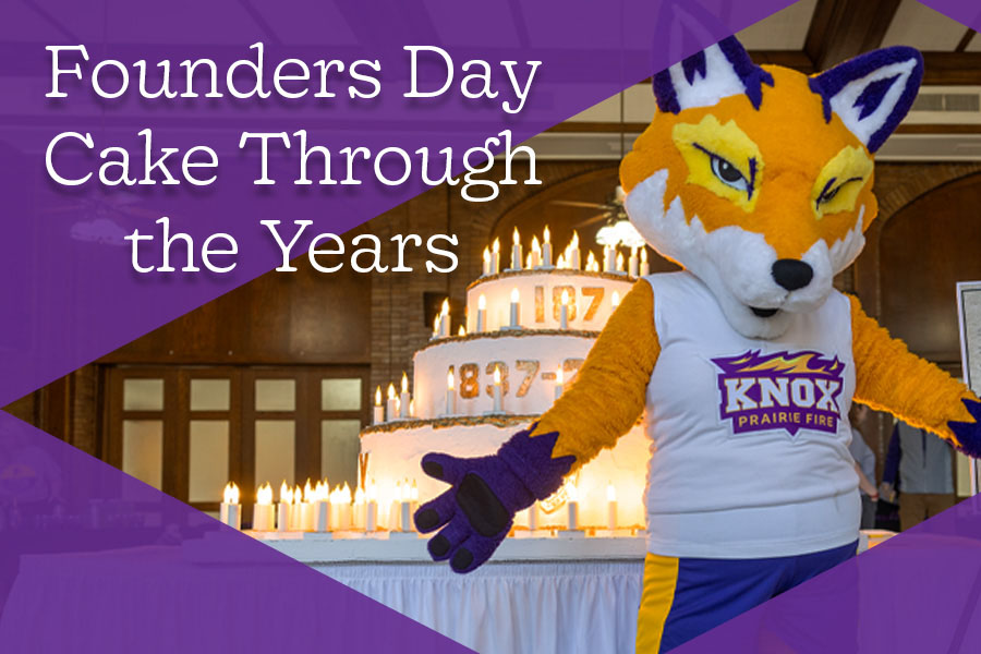 image of Knox College mascot Blaze standing in front of a cake; text reads: Founders Day Cake Through the Years