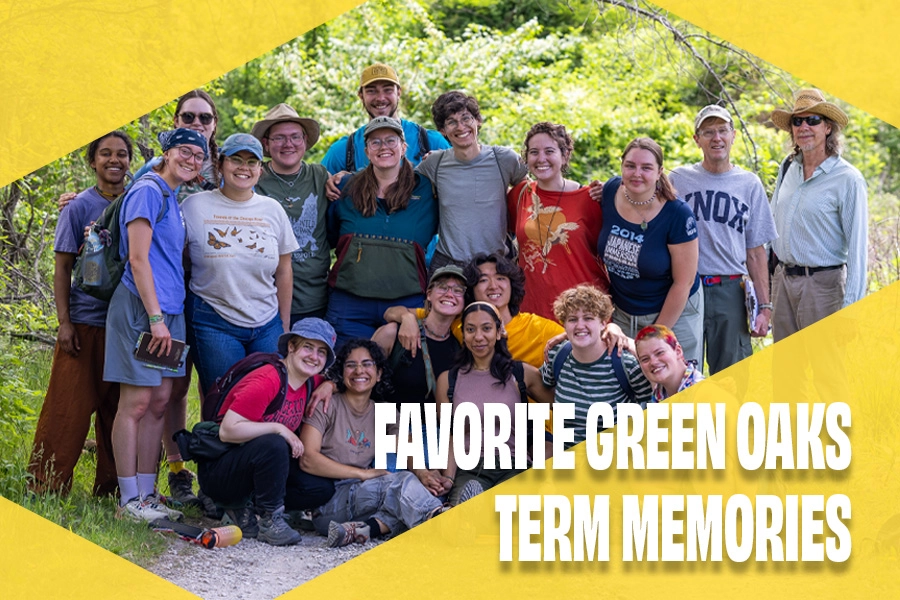 A group of students and professors stand together in a wooded area, smiling. Text reads: Favorite Green Oaks Term Memories.